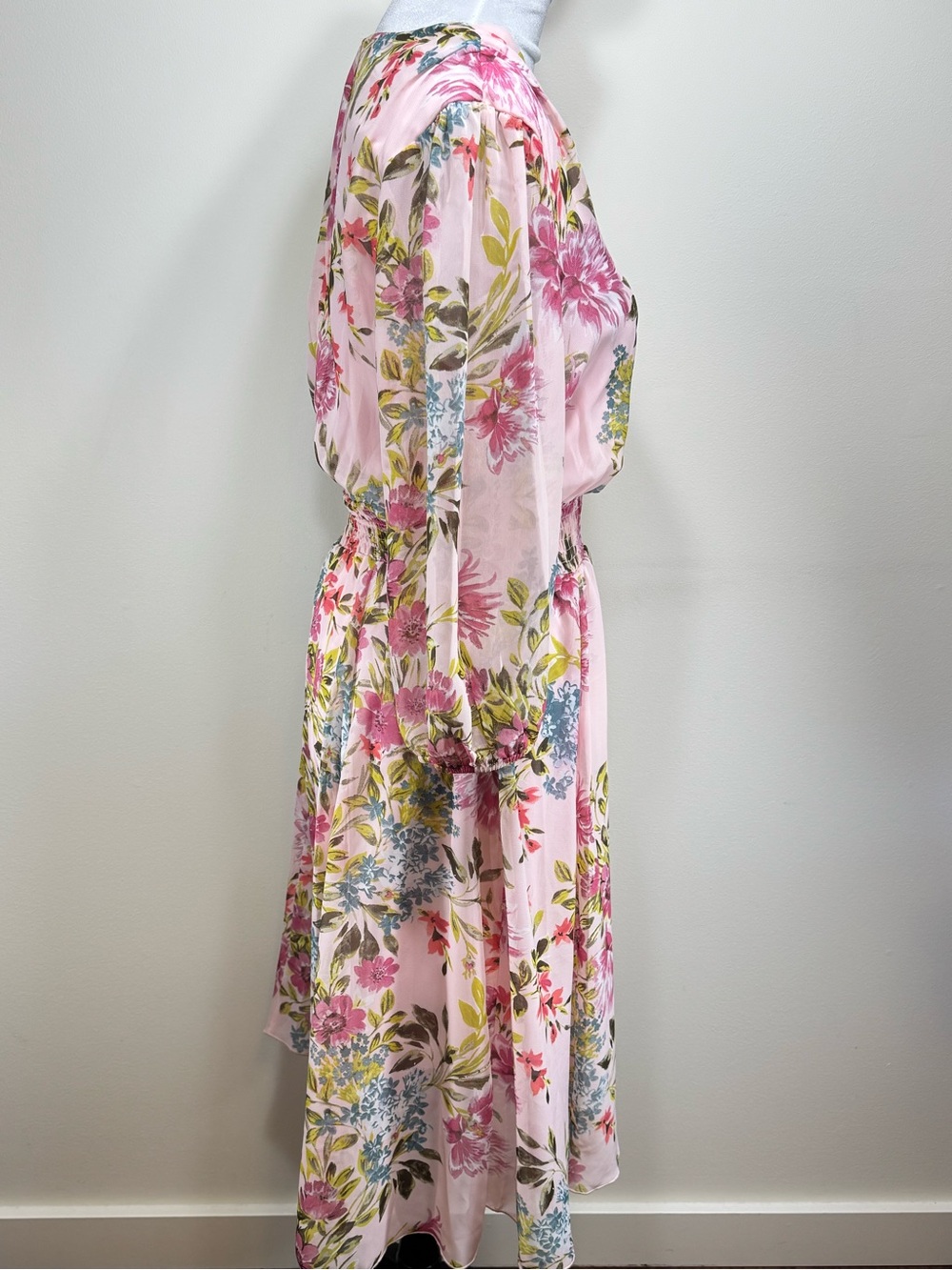 Kate & Lily Pink Floral Watercolor Chiffon Overlay Dress Sheer Sleeves Size 12 - Picture 3 of 11